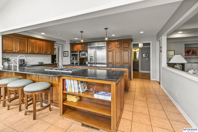 9826 Harney Pkwy N, Omaha, NE 68114 - kitchen with built in appliances, open shelves, a sink, light tile patterned flooring, and recessed lighting