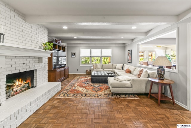 9826 Harney Pkwy N, Omaha, NE 68114 - living room featuring baseboards, beamed ceiling, a fireplace, and recessed lighting