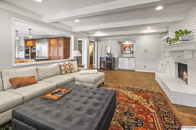 9826 Harney Pkwy N, Omaha, NE 68114 - living room featuring baseboards, recessed lighting, beamed ceiling, a brick fireplace, and bar