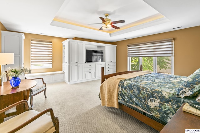 9826 Harney Pkwy N, Omaha, NE 68114 - bedroom featuring a raised ceiling, light colored carpet, and ceiling fan