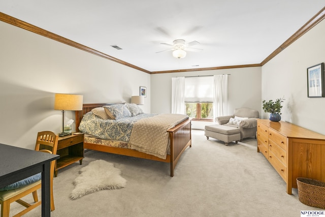 9826 Harney Pkwy N, Omaha, NE 68114 - bedroom featuring crown molding, light carpet, and ceiling fan
