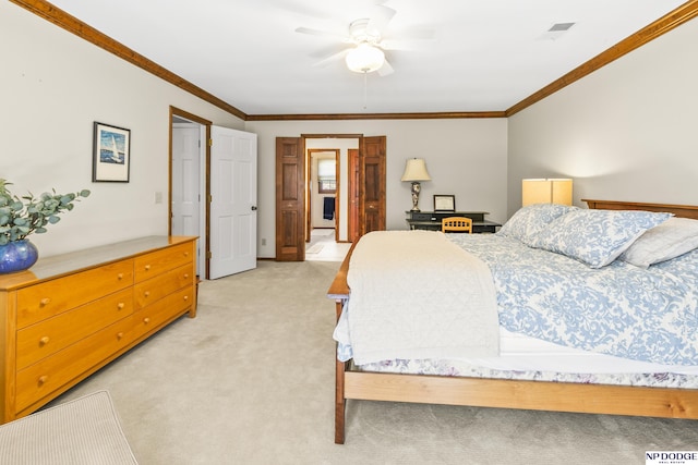 9826 Harney Pkwy N, Omaha, NE 68114 - bedroom with light carpet, ornamental molding, and a ceiling fan