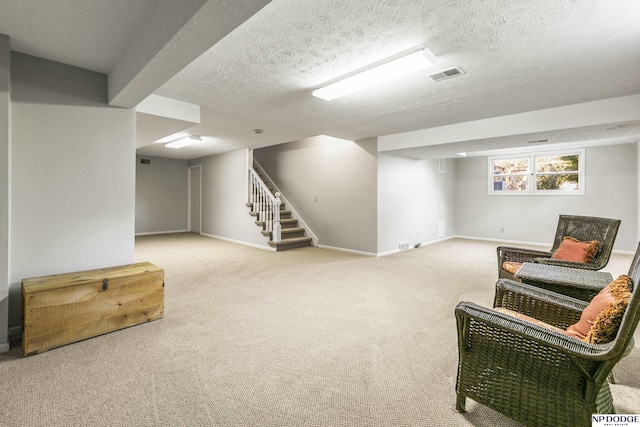 9826 Harney Pkwy N, Omaha, NE 68114 - sitting room with carpet floors, stairway, baseboards, and a textured ceiling