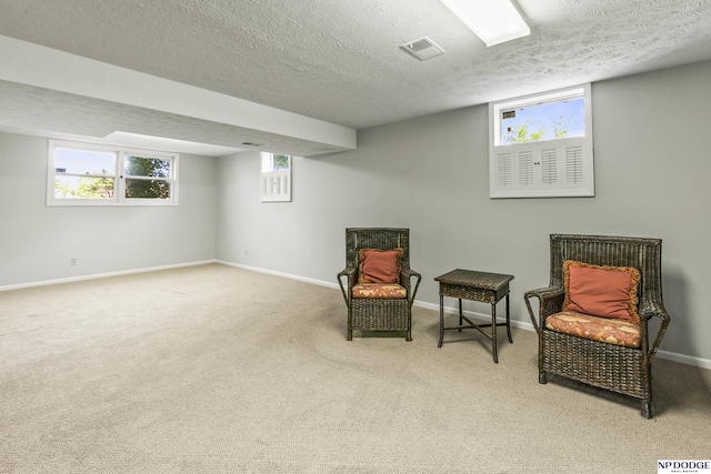 9826 Harney Pkwy N, Omaha, NE 68114 - living area with carpet, a textured ceiling, baseboards, and plenty of natural light