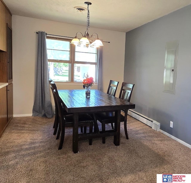1241 Bessie St, Goehner, NE 68364 - carpeted dining room with a baseboard radiator, a chandelier, baseboards, and electric panel