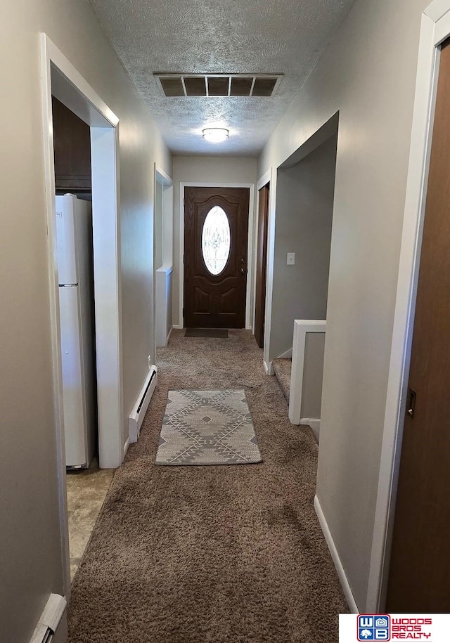 1241 Bessie St, Goehner, NE 68364 - doorway featuring baseboard heating, carpet, and a textured ceiling