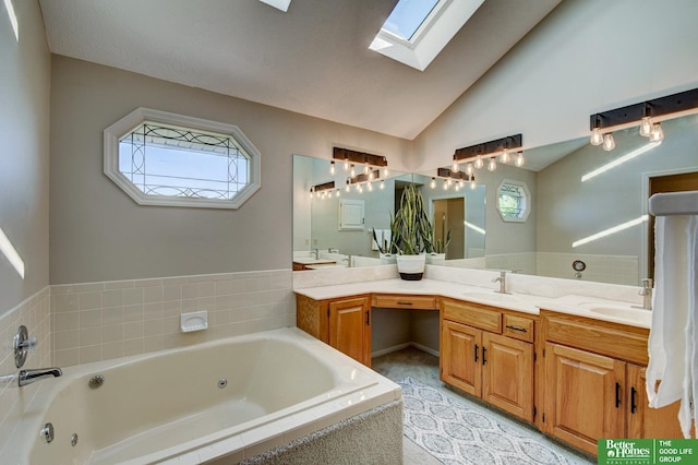 1014 Hickory Hill Rd, Papillion, NE 68046 - full bath featuring a skylight, double vanity, a whirlpool tub, and lofted ceiling