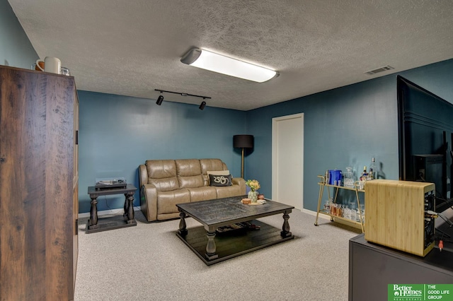 1014 Hickory Hill Rd, Papillion, NE 68046 - carpeted living room with a textured ceiling, track lighting, and baseboards
