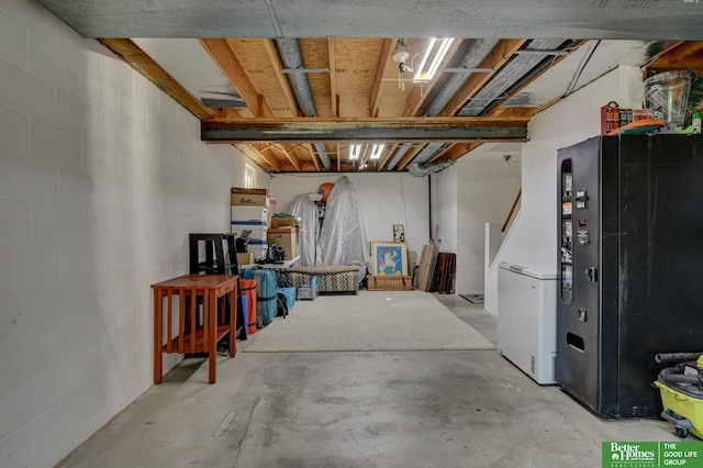 1014 Hickory Hill Rd, Papillion, NE 68046 - unfinished below grade area featuring concrete block wall and refrigerator