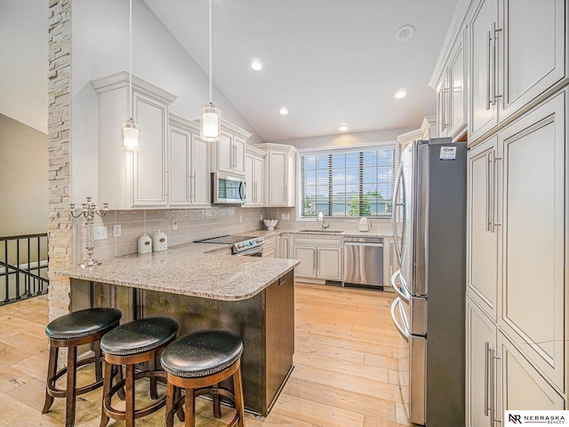 9656 White Pine Rd, Lincoln, NE 68505 - kitchen with stainless steel appliances, a sink, a peninsula, lofted ceiling, and light wood-style flooring