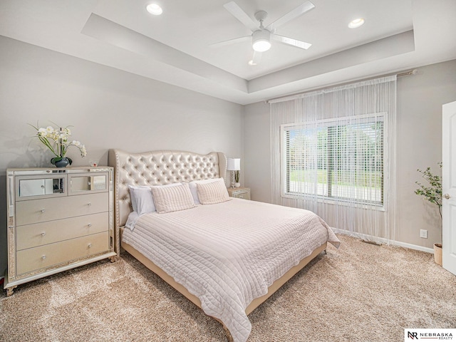9656 White Pine Rd, Lincoln, NE 68505 - bedroom with a raised ceiling, light carpet, baseboards, recessed lighting, and ceiling fan