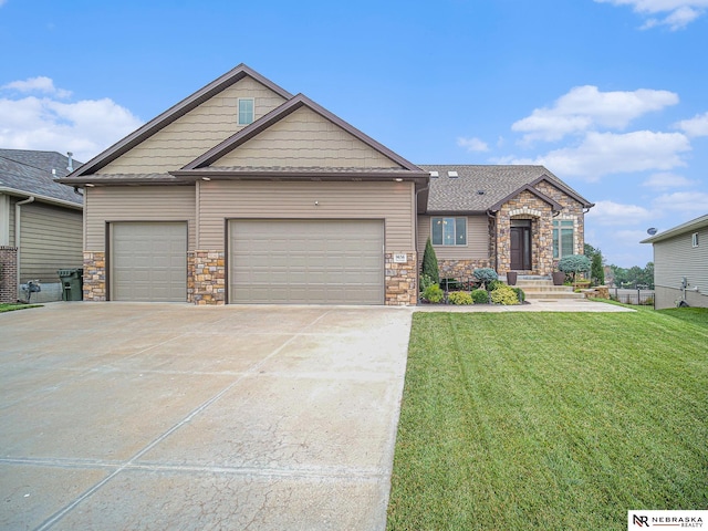 9656 White Pine Rd, Lincoln, NE 68505 - craftsman-style house featuring stone siding, a front yard, a garage, and concrete driveway