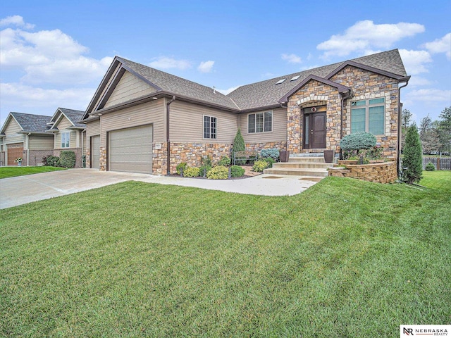 9656 White Pine Rd, Lincoln, NE 68505 - view of front of house featuring stone siding, driveway, a garage, and roof with shingles