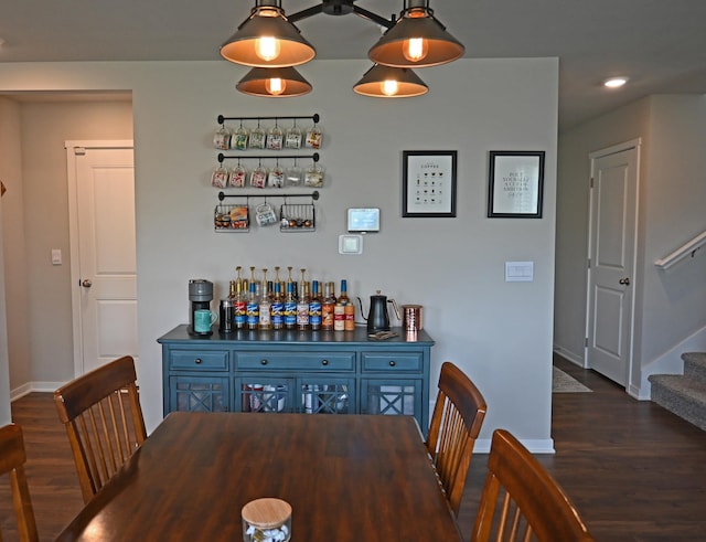 4401 Leawood Dr, Bellevue, NE 68123 - dining area featuring dark wood finished floors, baseboards, stairs, and recessed lighting