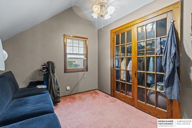 5101 Maple St, Omaha, NE 68104 - living area with a ceiling fan, lofted ceiling, carpet, and baseboards