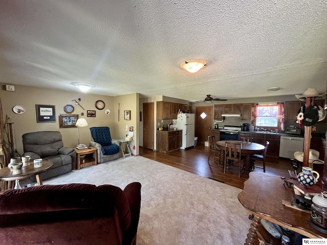 606 E 7th St, Valentine, NE 69201 - living room featuring a textured ceiling, ceiling fan, dark carpet, and dark wood finished floors