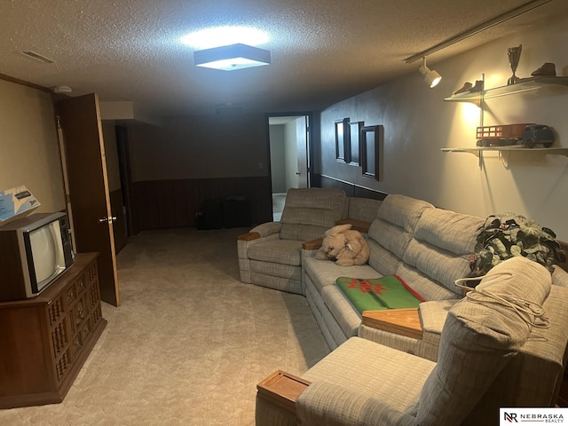 606 E 7th St, Valentine, NE 69201 - living room with a textured ceiling, light colored carpet, a wainscoted wall, and wood walls