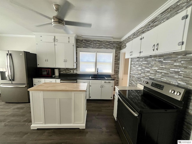238 N Ray St, Valentine, NE 69201 - kitchen with stainless steel appliances, crown molding, a sink, wooden counters, and ceiling fan