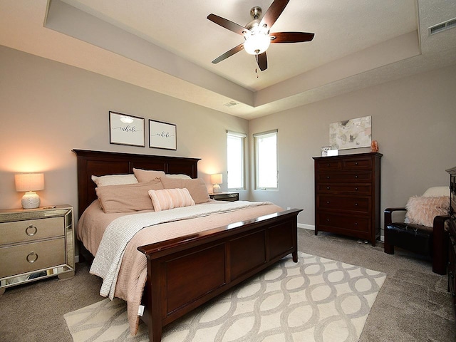 7968 N 163rd Ave, Bennington, NE 68007 - bedroom with light carpet, a raised ceiling, and ceiling fan
