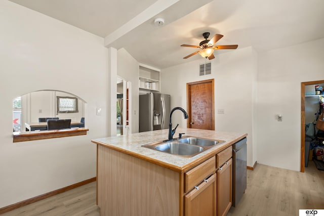 1346 G St, Pawnee City, NE 68420 - kitchen with a sink, appliances with stainless steel finishes, ceiling fan, light wood-style flooring, and a center island with sink