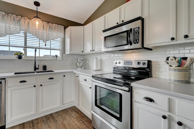 4441 W Hub Hall Dr, Lincoln, NE 68528 - kitchen featuring appliances with stainless steel finishes, a sink, lofted ceiling, decorative backsplash, and light countertops