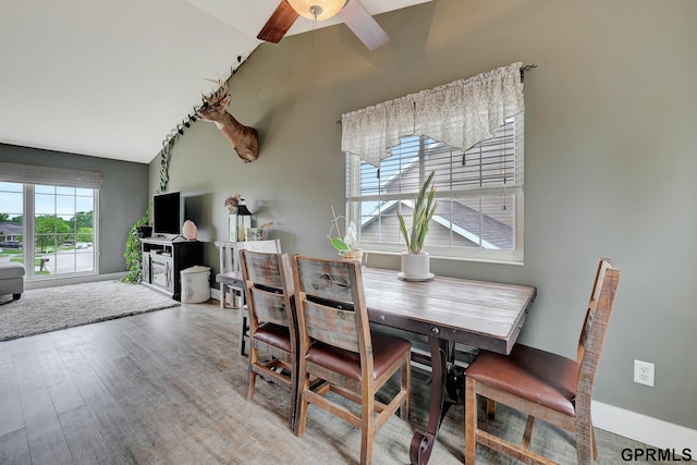 4441 W Hub Hall Dr, Lincoln, NE 68528 - dining area with a ceiling fan, wood finished floors, and lofted ceiling