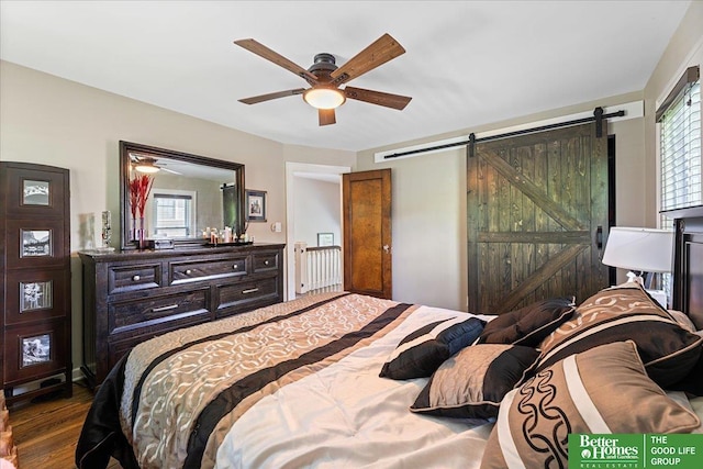 2028 N 55th St, Omaha, NE 68104 - bedroom featuring wood finished floors, a barn door, and ceiling fan
