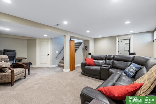 2028 N 55th St, Omaha, NE 68104 - living area featuring stairs, recessed lighting, light colored carpet, and baseboards