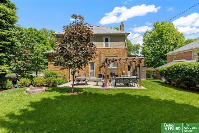 2028 N 55th St, Omaha, NE 68104 - back of house featuring a chimney, a pergola, a patio, a fire pit, and brick siding