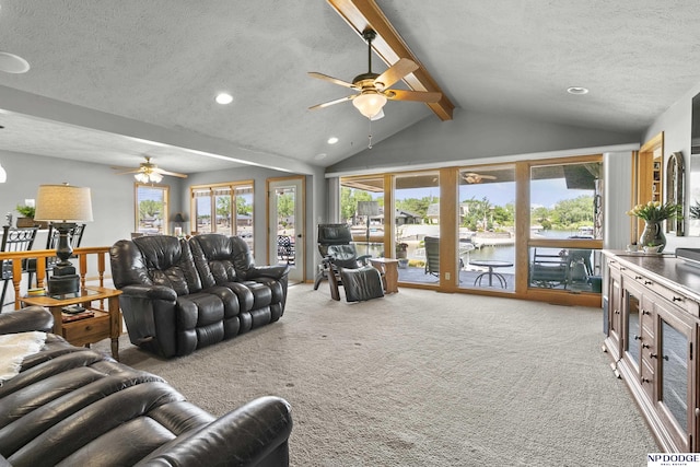 S-1196 N Lake Shore Dr, Fremont, NE 68025 - living area featuring a ceiling fan, a textured ceiling, carpet, and recessed lighting