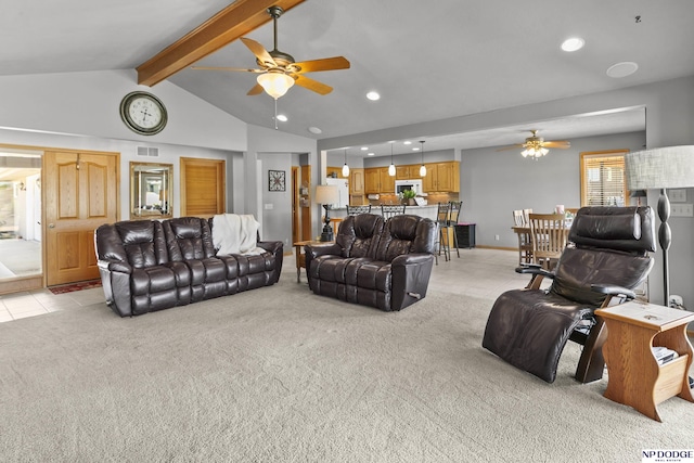 S-1196 N Lake Shore Dr, Fremont, NE 68025 - living room with ceiling fan, light colored carpet, recessed lighting, and light tile patterned floors