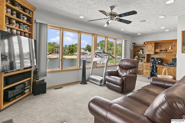 S-1196 N Lake Shore Dr, Fremont, NE 68025 - living room featuring carpet, recessed lighting, ceiling fan, baseboards, and a textured ceiling