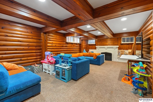 423 Fairacres Rd, Omaha, NE 68132 - carpeted living room with beamed ceiling, recessed lighting, and a brick fireplace