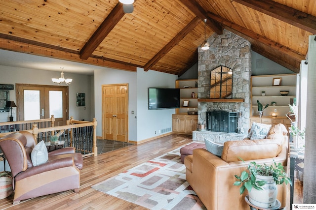 10955 N 58th Plz, Omaha, NE 68152 - living area with wood finished floors, wood ceiling, a chandelier, a stone fireplace, and baseboards