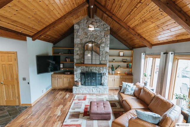 10955 N 58th Plz, Omaha, NE 68152 - living area with a fireplace, wood finished floors, wooden ceiling, and baseboards