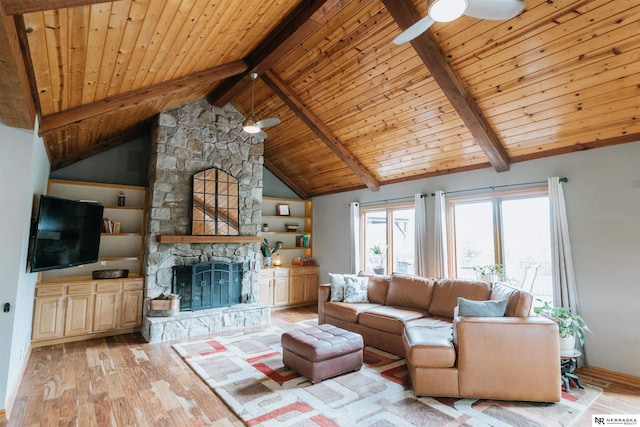 10955 N 58th Plz, Omaha, NE 68152 - living area with a ceiling fan, light wood-style flooring, wood ceiling, and a fireplace