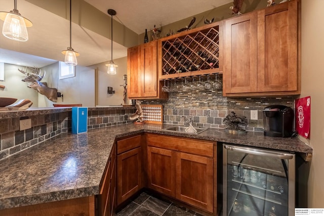 15210 Craig Cir, Bennington, NE 68007 - indoor bar featuring beverage cooler, tasteful backsplash, and decorative light fixtures