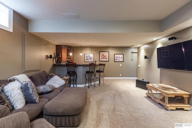 15210 Craig Cir, Bennington, NE 68007 - living room featuring light colored carpet, a dry bar, and baseboards