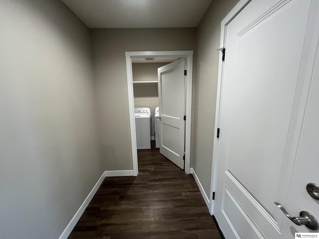 117 N Edna St, Valentine, NE 69201 - corridor with washer and clothes dryer, dark wood-style flooring, and baseboards