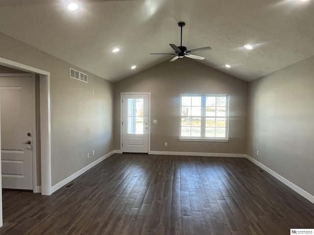 117 N Edna St, Valentine, NE 69201 - unfurnished living room featuring a ceiling fan, dark wood-type flooring, recessed lighting, baseboards, and lofted ceiling