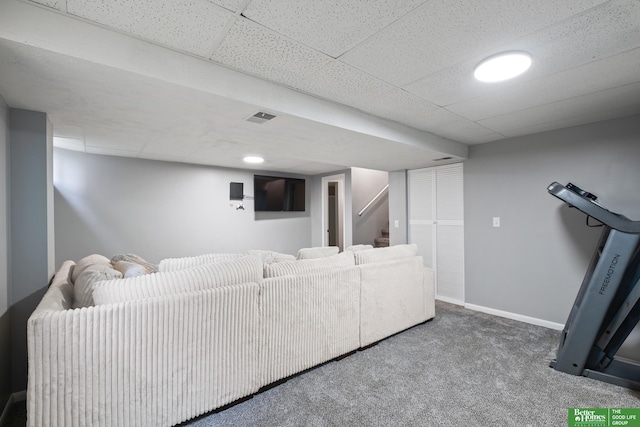 3501 Leawood Dr, Bellevue, NE 68123 - carpeted living area with baseboards, a paneled ceiling, and stairs