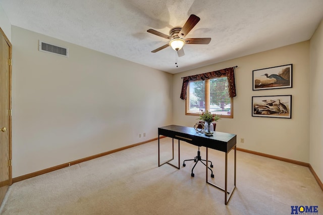 4801 S 72nd St, Lincoln, NE 68516 - home office featuring light carpet, a ceiling fan, baseboards, and a textured ceiling