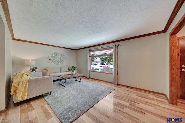 4801 S 72nd St, Lincoln, NE 68516 - living room featuring crown molding, light wood-style floors, a textured ceiling, and baseboards