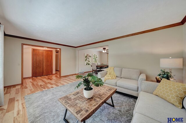 4801 S 72nd St, Lincoln, NE 68516 - living room featuring light wood-style flooring, ceiling fan, ornamental molding, and baseboards