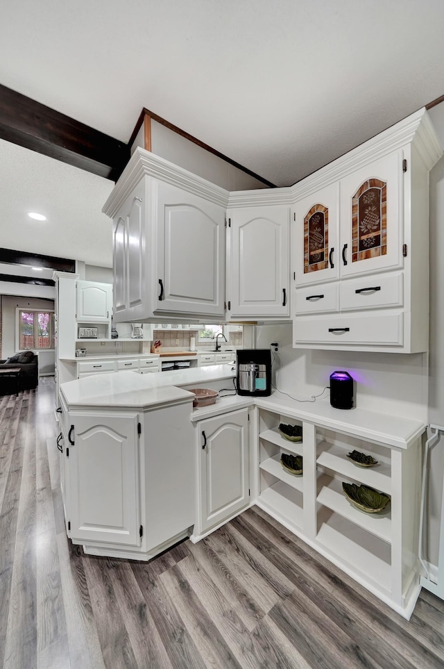 6844 Laurent Cir, Lincoln, NE 68526 - kitchen with light countertops, light wood-style floors, white cabinetry, glass insert cabinets, and a sink