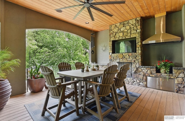 1419 N 188th St, Elkhorn, NE 68022 - wooden terrace featuring a ceiling fan, a fireplace, and outdoor dining space