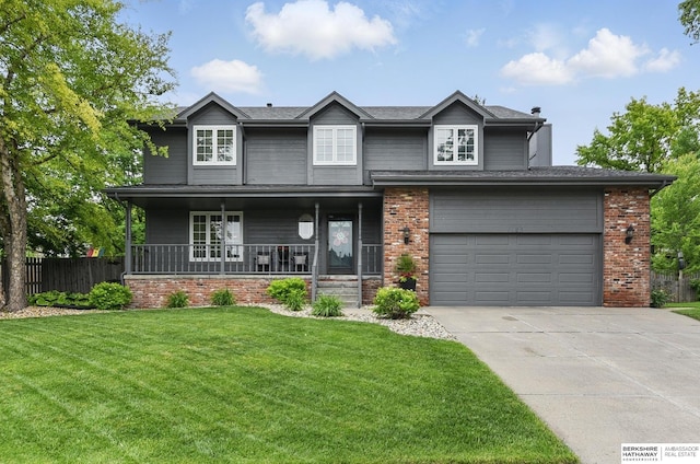1725 N 162nd St, Omaha, NE 68118 - view of front facade with a porch, concrete driveway, a garage, and brick siding