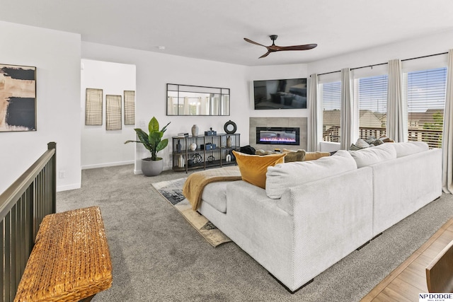 7717 N 108th St, Omaha, NE 68142 - carpeted living area with a ceiling fan, a glass covered fireplace, and baseboards