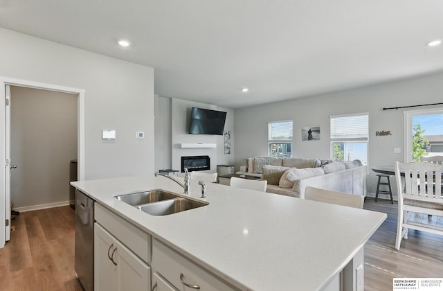 6312 Centennial Rd, Papillion, NE 68157 - kitchen featuring a sink, a glass covered fireplace, open floor plan, a center island with sink, and recessed lighting