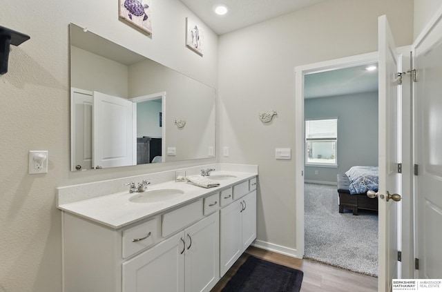 6312 Centennial Rd, Papillion, NE 68157 - bathroom with ensuite bathroom, double vanity, wood finished floors, and baseboards